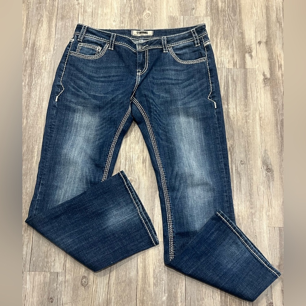 ON HOLD:   Rock & Roll Cowgirl Boot Cut Indigo Jeans with Contrast Stitching